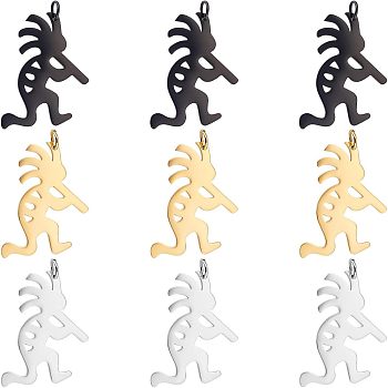 Unicraftale 9Pcs 3 Colors 304 Stainless Steel Pendants, Kokopelli, Mixed Color, 27.5x18.5x1mm, Hole: 3.5mm, 3pcs/color