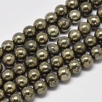 Natural Pyrite Round Beads Strands, Grade A, 8mm, Hole: 1mm, about 50pcs/strand, 16 inch