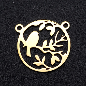 201 Stainless Steel Pendants, Filigree Joiners Findings, Laser Cut, Round Ring with Branch with Bird, Golden, 17.5x18x1mm, Hole: 1.5mm