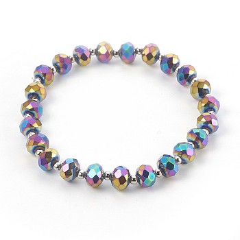 Electroplate Glass Stretch Bracelets, with Brass Spacer Beads, Round, Multi-color Plated, 2-1/8 inch(5.3cm)