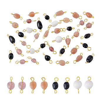 120Pcs 4 Styles Natural Mixed Gemstone Connector Charms, Nuggets Link, with Golden Iron Double Loops, 14~18x5~8x4~6mm, Hole: 1.5mm & 2~3mm, 30pcs/style
