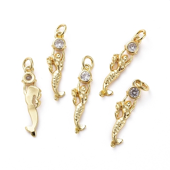 Brass Micro Pave Cubic Zirconia Pendants, with Jump Rings, Mermaid, Clear, Golden, 22.5x5.5x2.5mm, Hole: 3mm