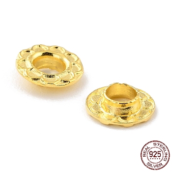 925 Sterling Silver Grommet Eyelet Findings, for Bag Making, Flat Round with Flower Pattern, Golden, 0.6x0.2cm, Hole: 3mm