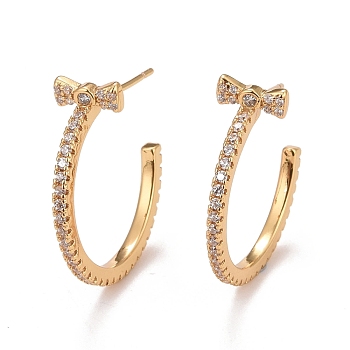 Clear Cubic Zirconia C-shape with Bowknot Stud Earrings, Brass Half Hoop Earrings for Women, Cadmium Free & Nickel Free & Lead Free, Real 18K Gold Plated, 20.5x1.5mm, Pin: 0.7mm