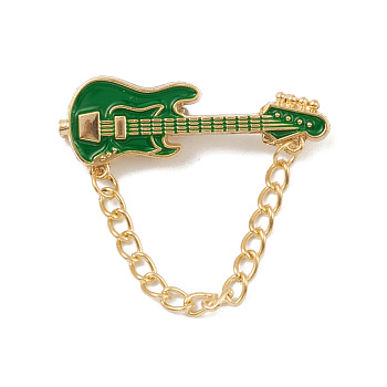 Alloy Enamel Brooch, Guitar Pin with Chain, Green, 37mm