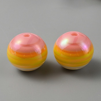 Opaque Stripe Acrylic Beads, Iridescent,  Round, Dark Orange, 15.5x14mm, Hole: 2mm