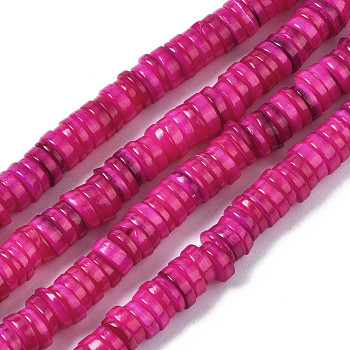 Natural Freshwater Shell Beads Strands, Dyed, Flat Round/Disc, Heishi Beads, Fuchsia, 5~6x1~2mm, Hole: 1mm, about 205~215pcs/strand, 15.35 inch(39cm)