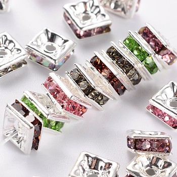 Brass Rhinestone Spacer Beads, Square, Nickel Free, Silver Color Plated, Mixed Color, about 5mm long, 5mm wide, 2.5mm thick, hole: 1mm