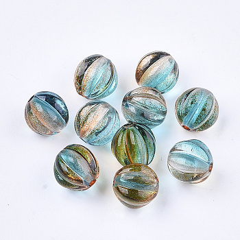 Two Tone Transparent Spray Painted Acrylic Corrugated Beads, Round, Dark Turquoise, 7.5x8x7.5mm, Hole: 1.5mm