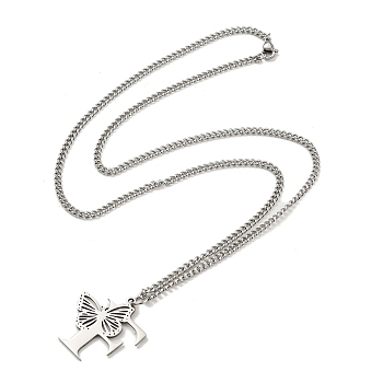201 Stainless Steel Necklace, Letter F, 23.74 inch(60.3cm) p: 30x29.5x1.3mm