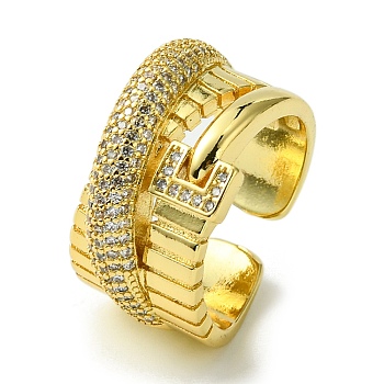 Brass Micro Pave Cubic Zirconia Open Cuff Rings, Criss Cross, Real 16K Gold Plated, US Size 8 1/2(18.5mm)