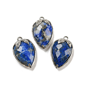 Natural Lapis Lazuli Faceted Pendants, Rack Plating Brass Strawberry Charms, Platinum, 18x11x5~5.5mm, Hole: 1.2mm