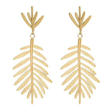 304 Stainless Steel Leaf Theme Stud Earrings For Women, Real 18K Gold Plated, 77x27mm