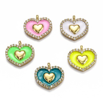 Brass Micro Pave Clear Cubic Zirconia  Pendants, with Enamel, Long-Lasting Plated, Real 18K Gold Plated, Heart, Mixed Color, 17x18x3mm, Hole: 2mm