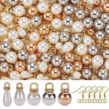 DIY Imitation Pearl Drop Earring Making Kit, Including Round Brass Rhinestone & ABS Imitation Pearl Pendant, Iron Jump Ring, Brass Earring Hooks, Golden, 300pcs/box