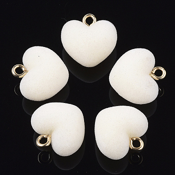 Flocky Acrylic Pendants, with Brass Loops, Heart, Golden, Creamy White, 18.5x18x13mm, Hole: 2.5mm