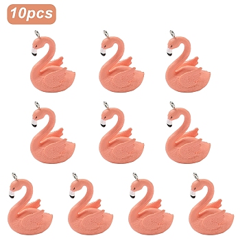 Opaque Resin Pendants, Flamingo Shape, with Platinum Iron Loop, Light Coral, 33.5~37x25~25.5x16~17mm, Hole: 1.8~2mm