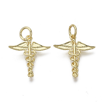 Brass Pendants, with Jump Ring, Nickel Free, Wand with Wing, Real 18K Gold Plated, 17.5x15.5x2mm, Hole: 3mm