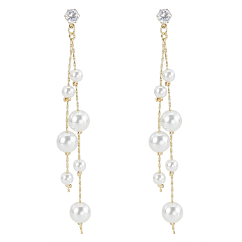 1Pair Brass Micro Pave Clear Cubic Zirconia Tassel Stud Earrings for Women, with Imitation Pearl, Round, Golden, 104.5x10mm
