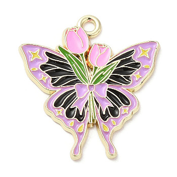 Light Gold Plated Alloy Enamel Pendants, Butterfly with Rose Charm, Lilac, 25x23x1.5mm, Hole: 1.8mm