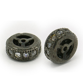 Brass Cubic Zirconia Beads, Flat Round, Gunmetal, 8x2.5mm, Hole: 1mm