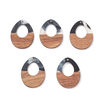 Resin & Walnut Wood Pendants, Two Tone Geometric Charms, Teardrop, 37.5x28x3mm, Hole: 2.2mm