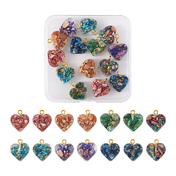 14Pcs 7 Colors Transparent Resin Natural Imperial Jasper Dyed Chips Pendants, with Golden Tone Brass Loops, Heart Charm, Mixed Color, 16.5x15.5x6~6.5mm, Hole: 2mm, 2pcs/color