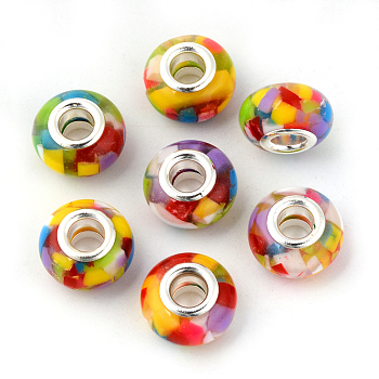 Resin European Beads, Large Hole Beads, with Platinum Tone Brass Double Cores, Rondelle, Colorful, 14x9mm, Hole: 5mm