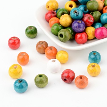 Mixed Round Natural Maple Wood Beads, Dyed, about 12mm in diameter, 10.5mm thick, hole: 3mm