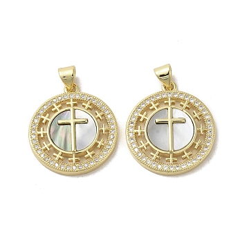 Brass Micro Pave Clear Cubic Zirconia Pendants, with Shell, Real 18K Gold Plated, Flat Round, Cross, 23.5x21x3mm, Hole: 3.5x5mm
