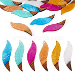 12Pcs 6 Colors Transparent Resin & Walnut Wood Big Pendants, Cloud Effect, Leaf Charms, Mixed Color, 51x15x3.5mm, Hole: 2mm, 2pcs/color(RESI-TA0003-44)
