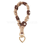 Cotton Braided Flower Pendant Decorations, with Alloy Heart Clasps and Plastic Beads, Coconut Brown, 200mm(AJEW-TAC0030-032G-06)
