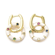 Real 18K Gold Plated Brass Ring Dangle Hoop Earrings, with Enamel and Cubic Zirconia, White, 21x12.5mm(EJEW-L268-019G-05)