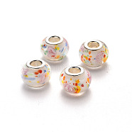 Handmade Lampwork European Beads, Large Hole Rondelle Beads, with Platinum Tone Brass Double Cores, Flamingo, 14~15x9~10mm, Hole: 5mm(LPDL-N001-022-F10)