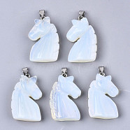 Carved Opalite Pendants, with Stainless Steel Bails, Unicorn, Stainless Steel Color, 38~41x11~14x24~25mm, Hole: 9x4mm(G-N0327-002N)