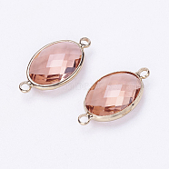 Glass Links connectors, with Brass Findings, Faceted, Oval, Light Gold, Rosy Brown, 25x13.5x6mm, Hole: 2mm(KK-E712-A04-KCG)