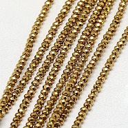 Electroplate Non-magnetic Synthetic Hematite Beads Strands, Faceted, Rondelle, Grade A, Golden Plated, 3x2mm, Hole: 1mm, about 200pcs/strand, 16 inch(G-J160-A-02)