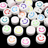 Handmade Polymer Clay Beads, Flat Round with Smiling Face, Mixed Color, 9~10x4mm, Hole: 1.2~1.6mm(CLAY-N011-64)