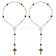 Natural Flower Amazonite & Glass Rosary Bead Necklace, Sublimation Blank Alloy Oval with Cross Pendant Necklace for Women, 18.23 inch(46.3cm)(NJEW-PH01485)