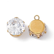 304 Stainless Steel Pendants, with Crystal Rhinestone, Flat Round, Golden, 12x10x6.5mm, Hole: 1.8mm(STAS-P310-18G)