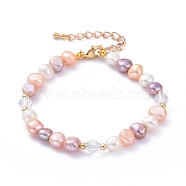 Natural Cultured Freshwater Pearl Beaded Bracelets, with 304 Stainless Steel Lobster Claw Clasps, Brass & Glass Beads, Colorful, 9-5/8 inch(24.5cm)(X-BJEW-JB05269)