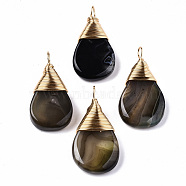 Natural & Dyed Agate Pendants, Gold Copper Wire Wrapped Pendants, Teardrop, 37~40x19~21x9~10mm, Hole: 3~4mm(G-S359-201C)