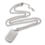 304 Stainless Steel Split Initial Pendant Necklaces, with Lobster Claw Clasps and Curb Chains, Rectangle with Letter, Letter.N, 27.55 inch(70cm), Pendant: 41x23x2mm(NJEW-L152-03N)