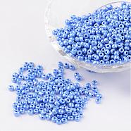DIY Craft Beads 8/0 Opaque Colors Lustered Round Glass Seed Beads, Cornflower Blue, Size: about 3mm in diameter, hole:1mm, about 1101pcs/50g(X-SEED-A012-3mm-123B)