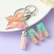 Resin & Acrylic Keychains, with Alloy Split Key Rings and Faux Suede Tassel Pendants, Letter & Butterfly, Letter M, 8.6cm(KEYC-YW00002-13)