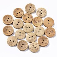 2-Hole Carved Wooden Buttons, Flat Round, BurlyWood, 20x5mm, Hole: 2mm, about 600pccs/500g(BUTT-T007-020)