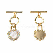 Brass Micro Pave Clear Cubic Zirconia Toggle Clasps, with Shell, Nickel Free, Heart, Real 18K Gold Plated, 36.5mm, Hole: 1mm, Heart: 18x13x3mm(KK-N233-244)