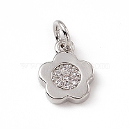 Brass Micro Pave Cubic Zirconia Charms, with Jump Rings, 5-Petal Flower Charm, Platinum, 9.5x7.7x1.5mm, Hole: 3mm(ZIRC-F132-65P)