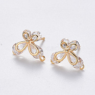 Brass Cubic Zirconia Stud Earring Findings, with Loop, Nickel Free, Butterfly, Clear, Real 18K Gold Plated, 9.5x12mm, Hole: 0.8mm, Pin: 0.8mm(KK-T049-08G-NF)