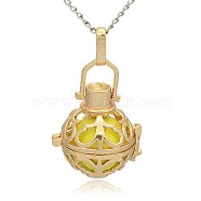 Golden Tone Brass Hollow Round Cage Pendants, with No Hole Spray Painted Brass Round Beads, Champagne Yellow, 33x24x21mm, Hole: 3x8mm(KK-J235-10G)